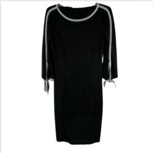 TALBOTS Black with White Trim 3/4 Sleeve Midi Dress with Tie Sleeves, S